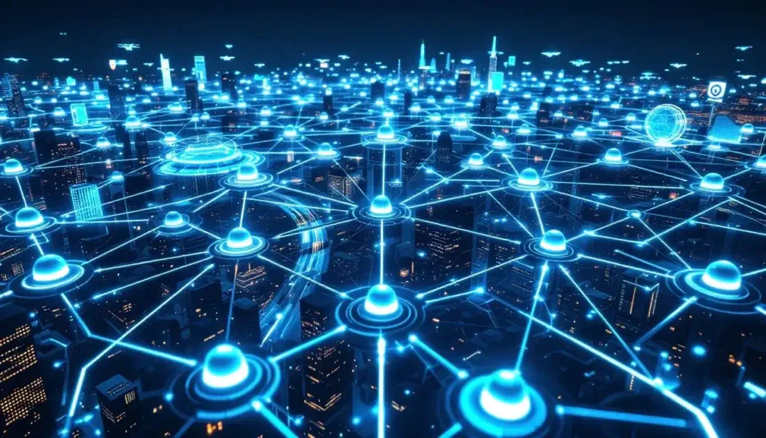 Illustration of a city at night seen from above, overlaid with glowing nodes joined by a dense web of light, suggesting many systems coordinating with one another.