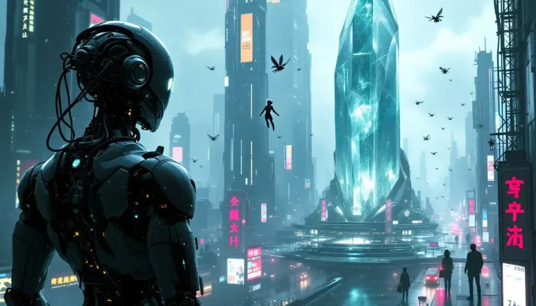 Illustration of a humanoid robot in the foreground looking out over a rain-slicked neon city, with drones overhead and people walking below.