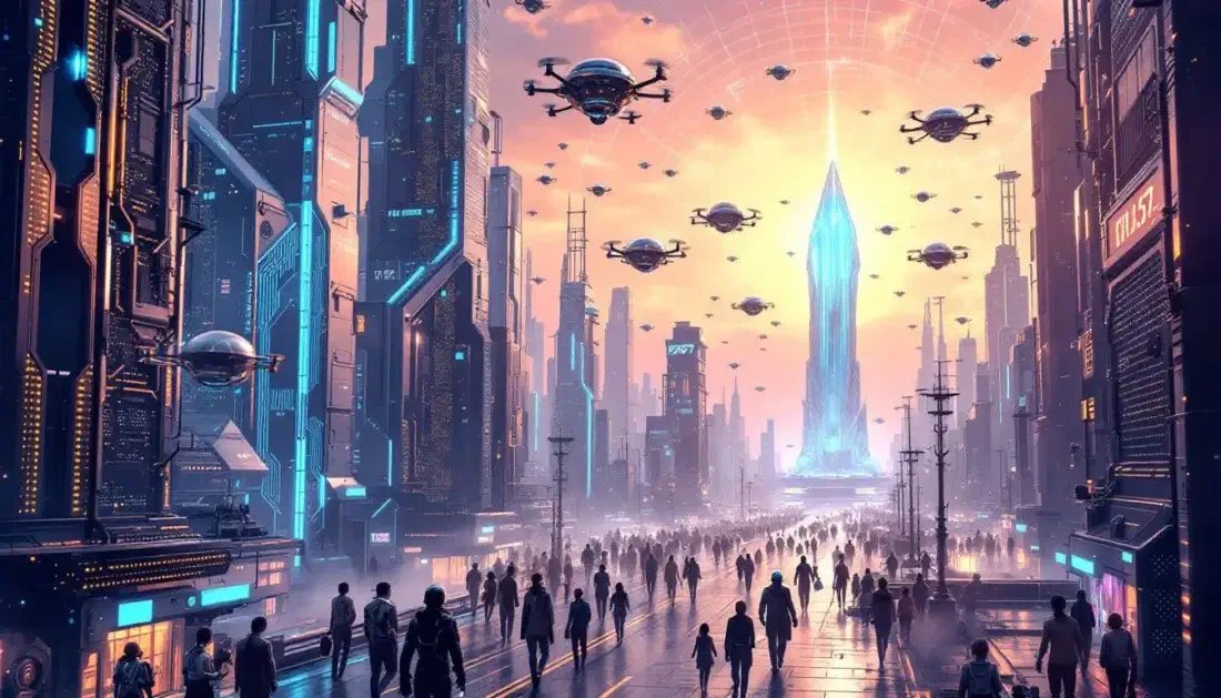 Illustration of a busy future city street at sunset, crowds on foot below and autonomous aircraft in the sky above.