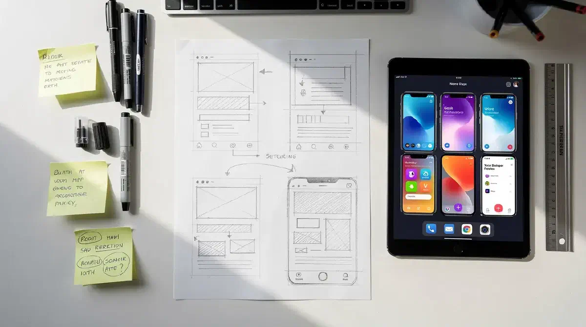 Designer's desk with wireframe sketches and a tablet showing a mobile app prototype