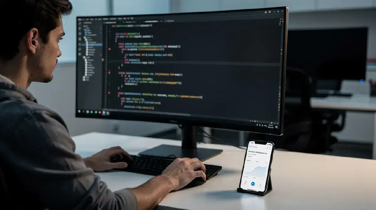 Software engineer reviewing code on a large monitor with a smartphone showing an app beside the keyboard
