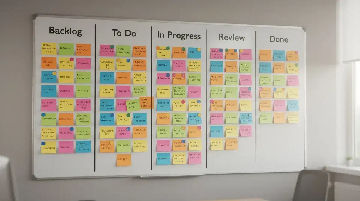 Kanban board with colorful sticky notes organized into columns for each stage of a sprint