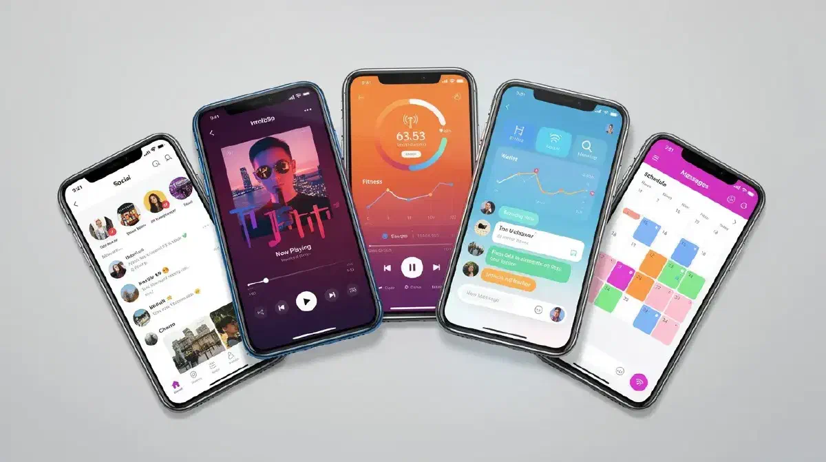 Several smartphones arranged in a fan, each displaying a different mobile app screen