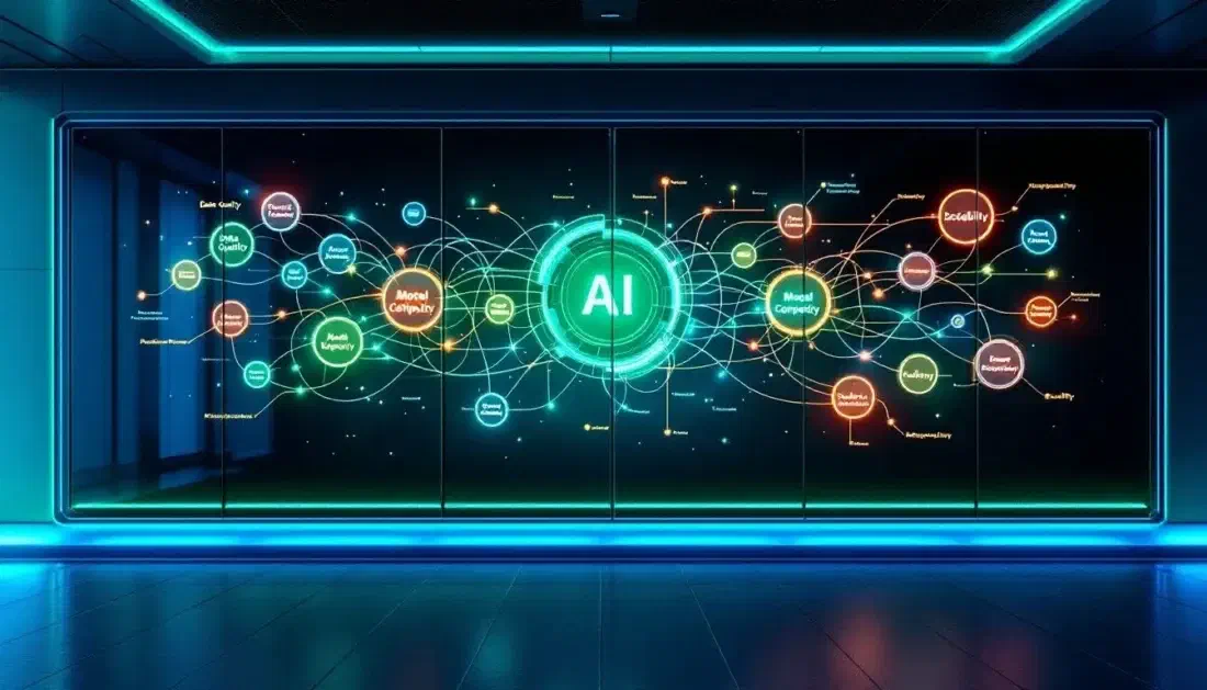 Illustration of a wall-sized display showing a node diagram that radiates from a central circle marked AI out to many smaller connected circles.