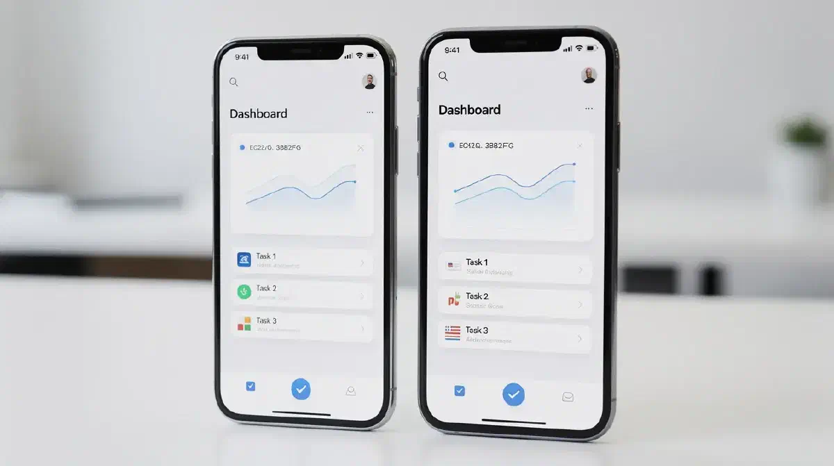Two smartphones side by side displaying the same mobile app dashboard with a chart and task list