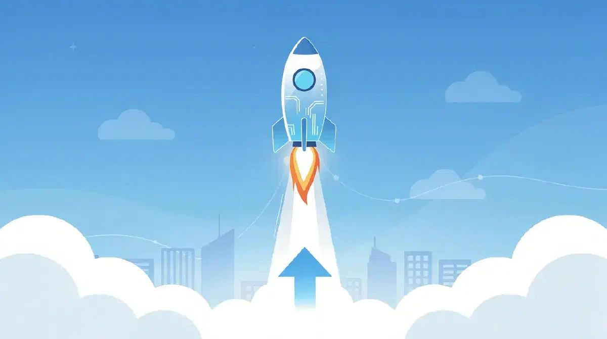 Illustration of a rocket launching above the clouds and a city skyline