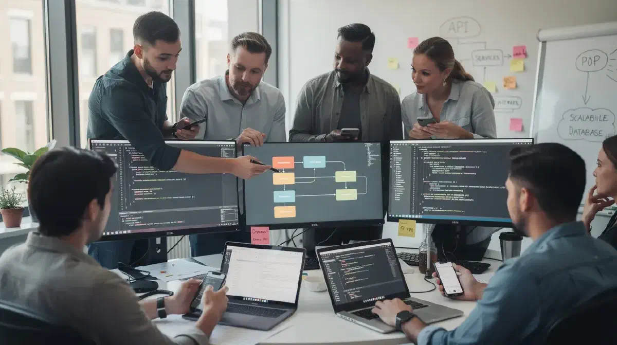 Software development team reviewing code and an architecture diagram on multiple screens while testing a mobile app