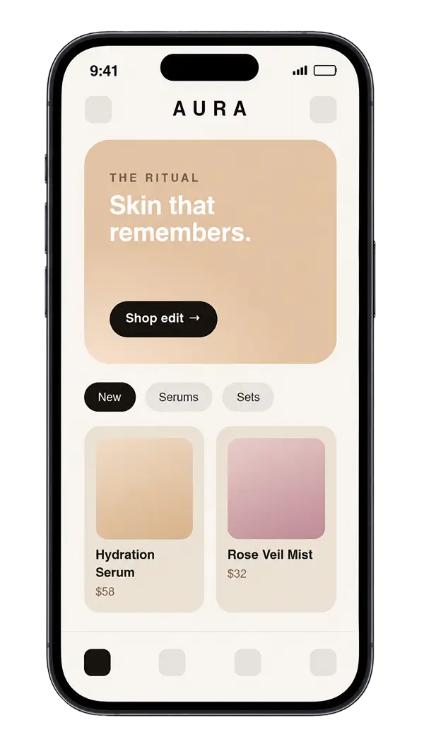 A StorefrontOS storefront for a skincare brand, in warm neutrals with story-led content modules