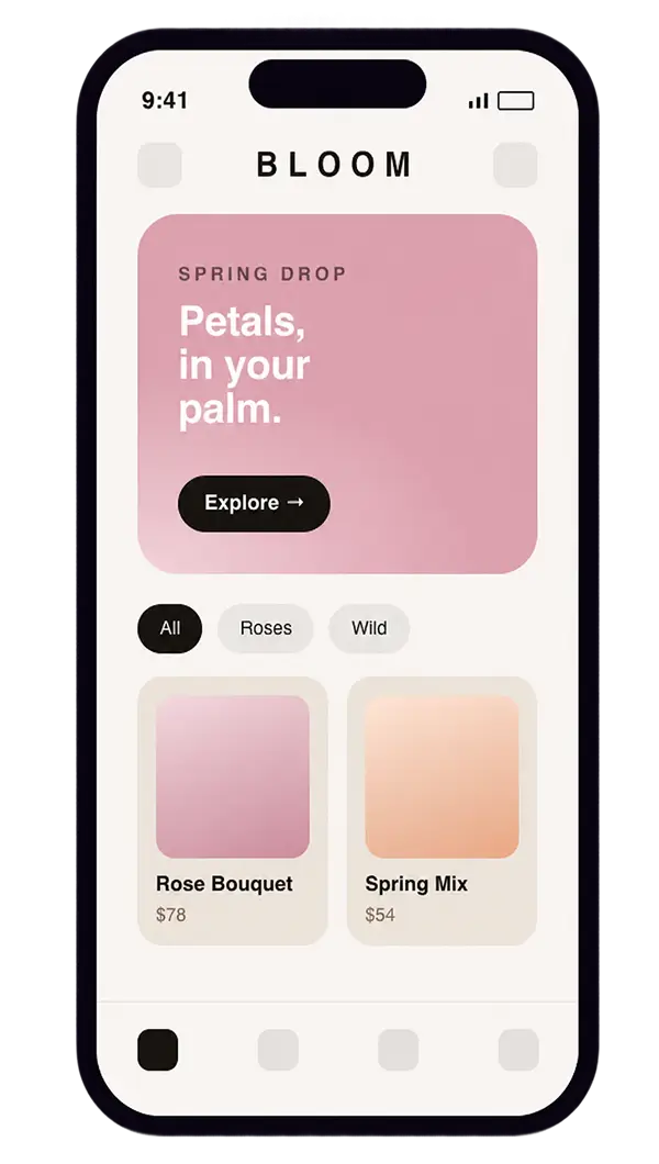 A StorefrontOS storefront for a florist, with a soft pastel palette, editorial product photography, and a delicate serif headline