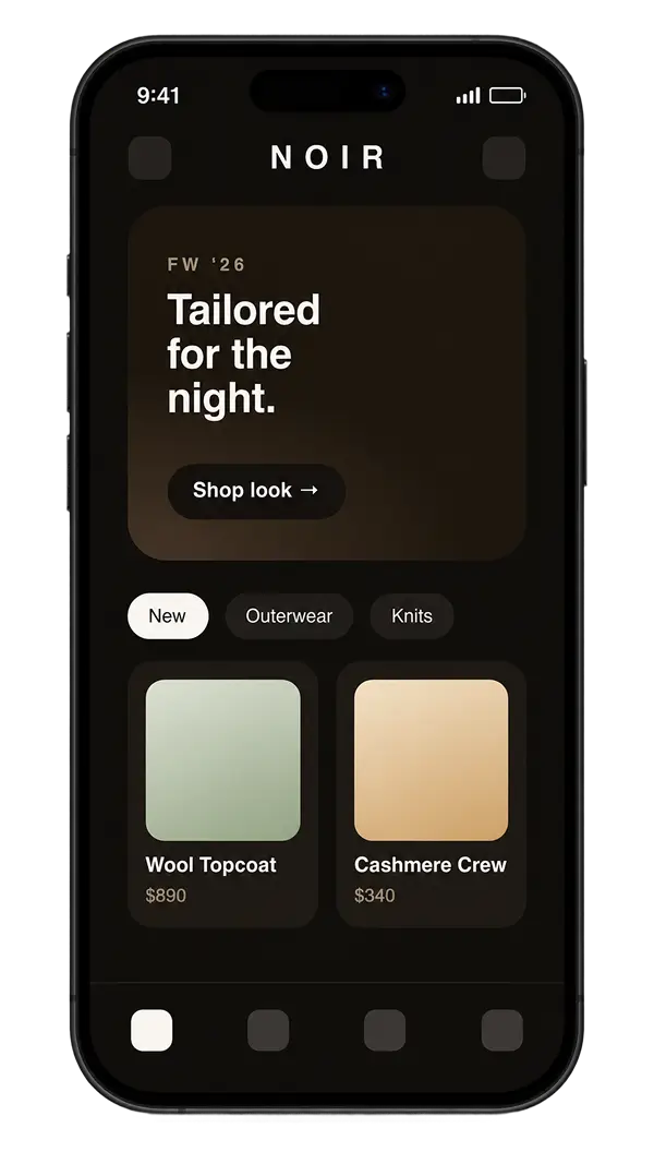 A StorefrontOS storefront for a luxury apparel brand, in near-black with generous whitespace and a restrained palette