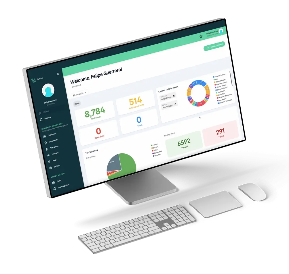 The Tambora dashboard, showing test case counts, execution status, and tests created by tester