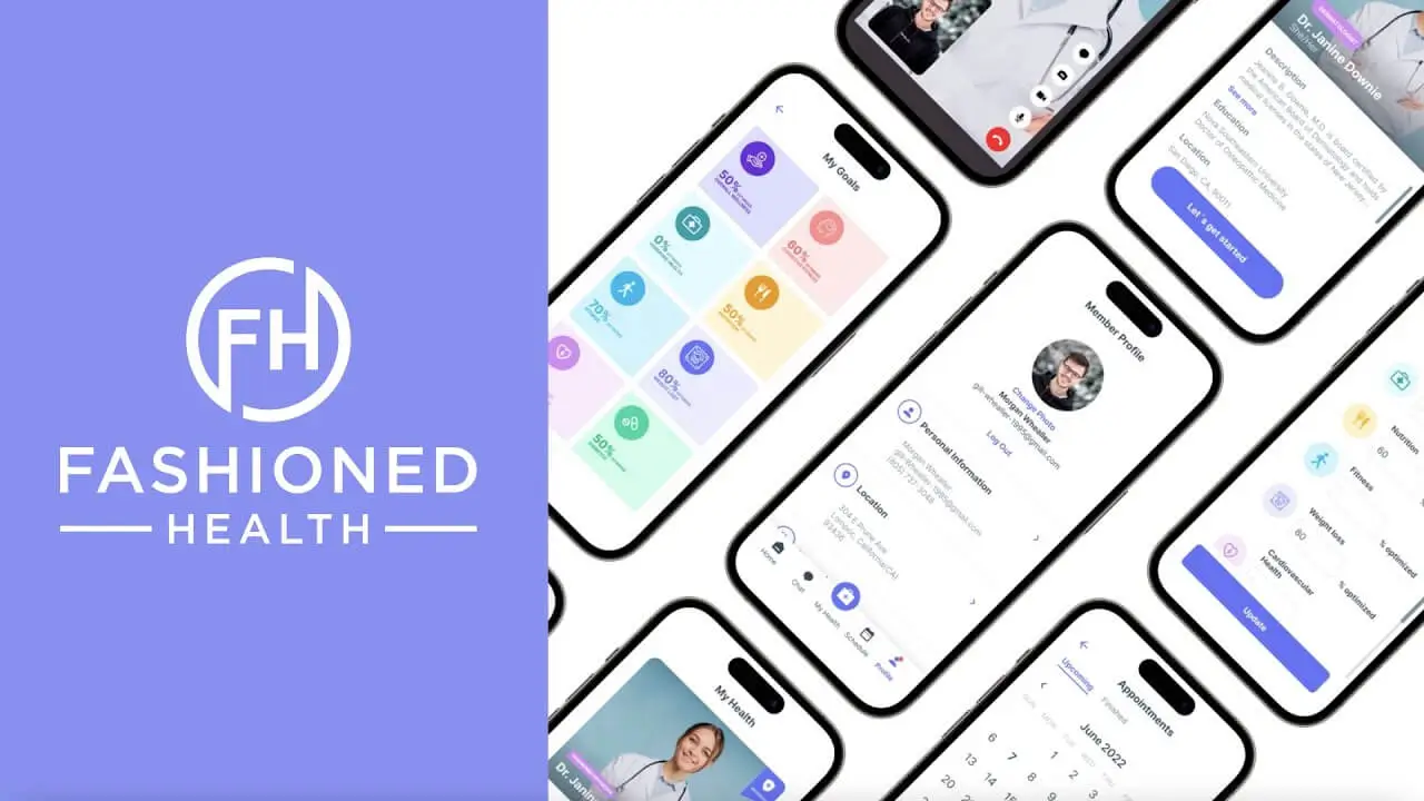 Fashioned Health app screens: a health goals dashboard, a member profile, a video consultation with a doctor, and an appointments calendar.