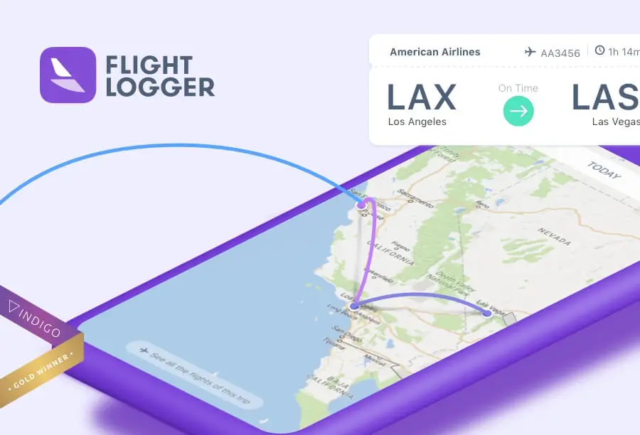 The FlightLogger app showing a mapped route from Los Angeles to Las Vegas, with an American Airlines flight card giving its status and duration.