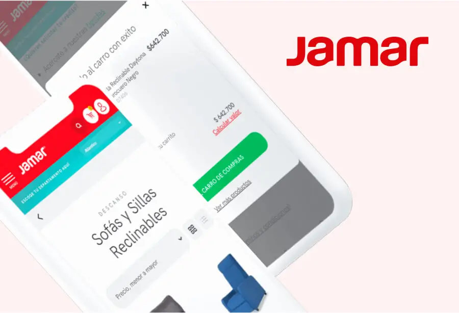 The Jamar mobile storefront showing a recliner category page and an add-to-cart confirmation carrying the item price.