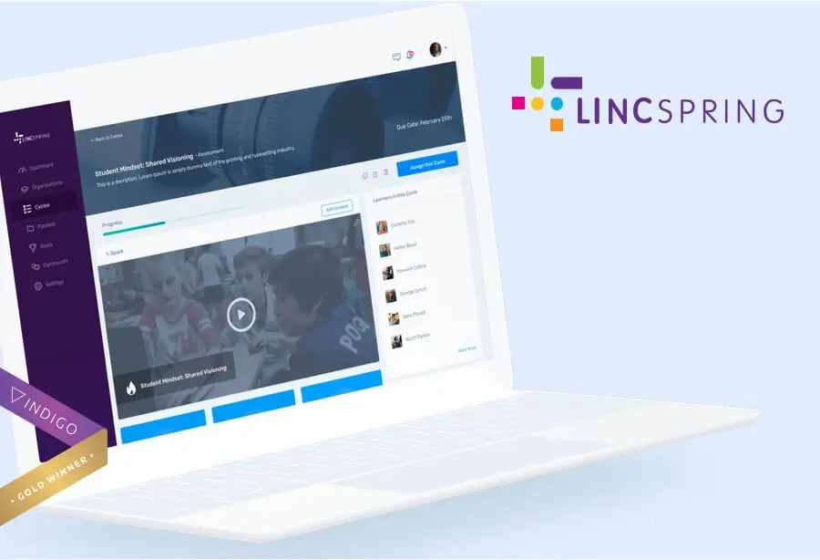 A teaching platform on a laptop, showing a lesson cycle with an embedded video and the learners assigned to it.