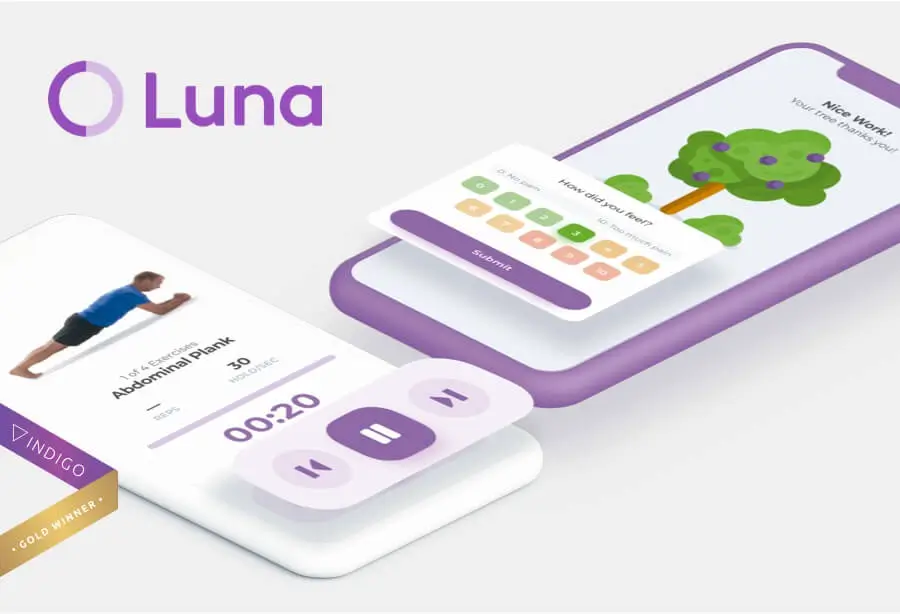 Luna app screens: a guided abdominal plank with a rep timer, a pain rating scale from 0 to 10, and a tree that grows when a session is completed.
