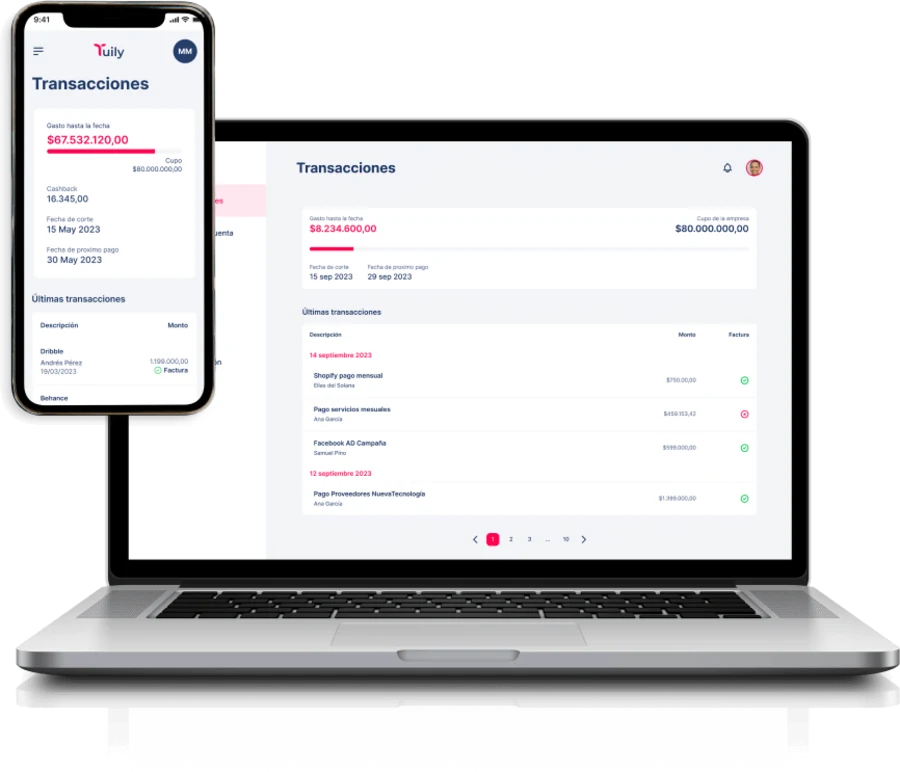 The Tuily expense platform on a laptop and a phone, listing transactions with amounts, owners, and invoice status