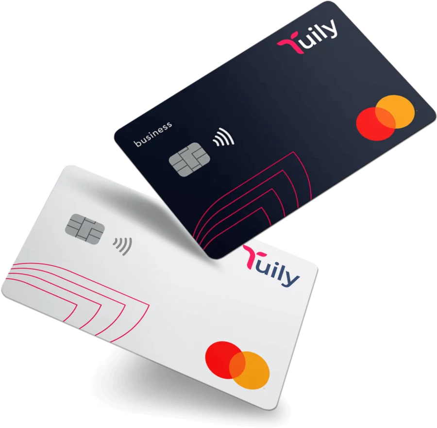 The Tuily business Mastercard in both finishes, dark and light, each carrying the contactless symbol and the Tuily mark