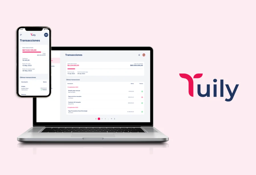 The Tuily expense platform on web and mobile, showing a company's transactions, spend to date, and credit limit
