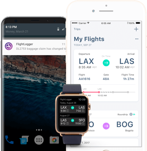 cellphones and apple watch with flightlogger app