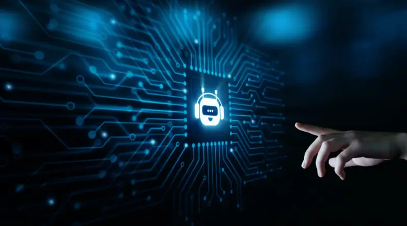 A futuristic image of a user interacting with a screen displaying a robot.