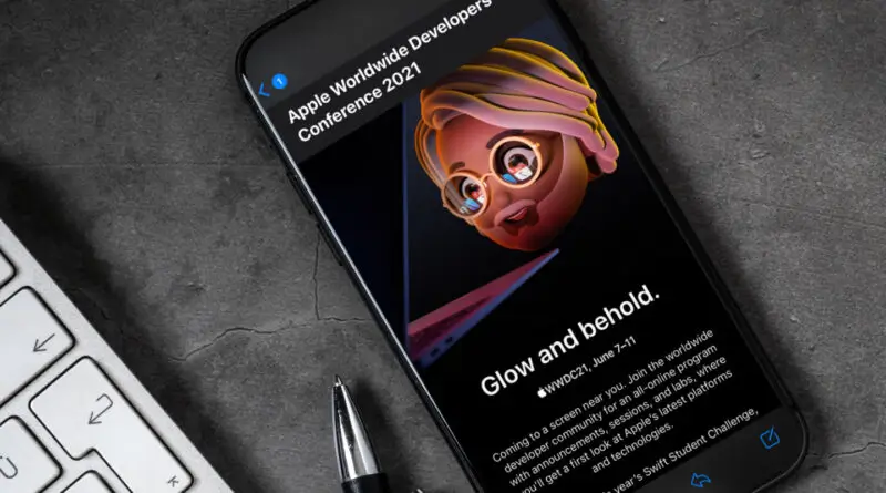 A mobile phone displaying an image of the WWDC 2021.