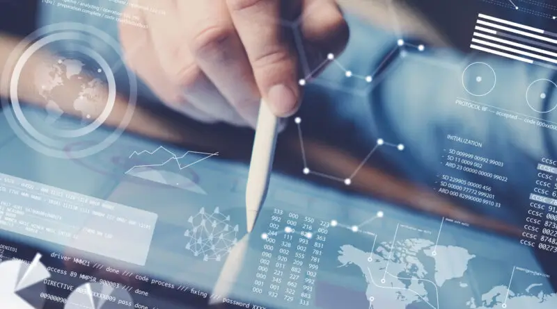 person working on tablet, data icons floating around