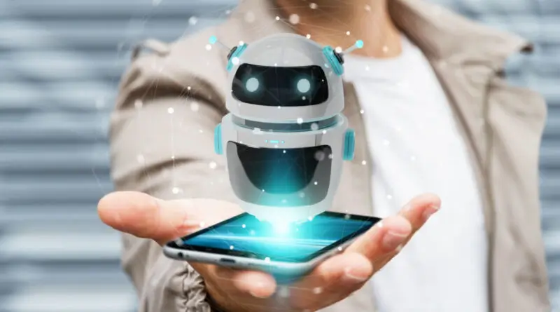 An illustration of a robot popping up form a mobile phone screen being held by a user.