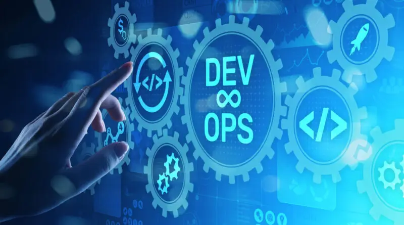 An illustration of a virtual screen with the word DevOps on it.
