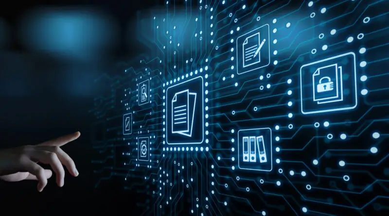 An illustration of a hand interacting with a digital screen filled with data.